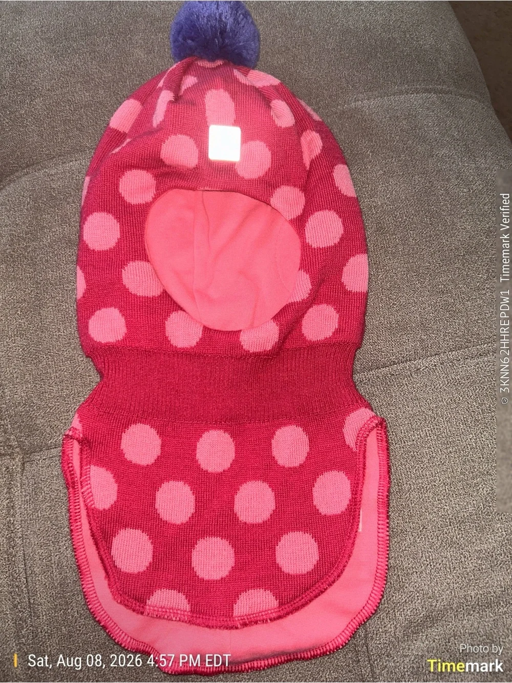 Reima Kids Pink Polka Dot Balaclava with Purple Pom — Cozy Winter Hat 3-4 years